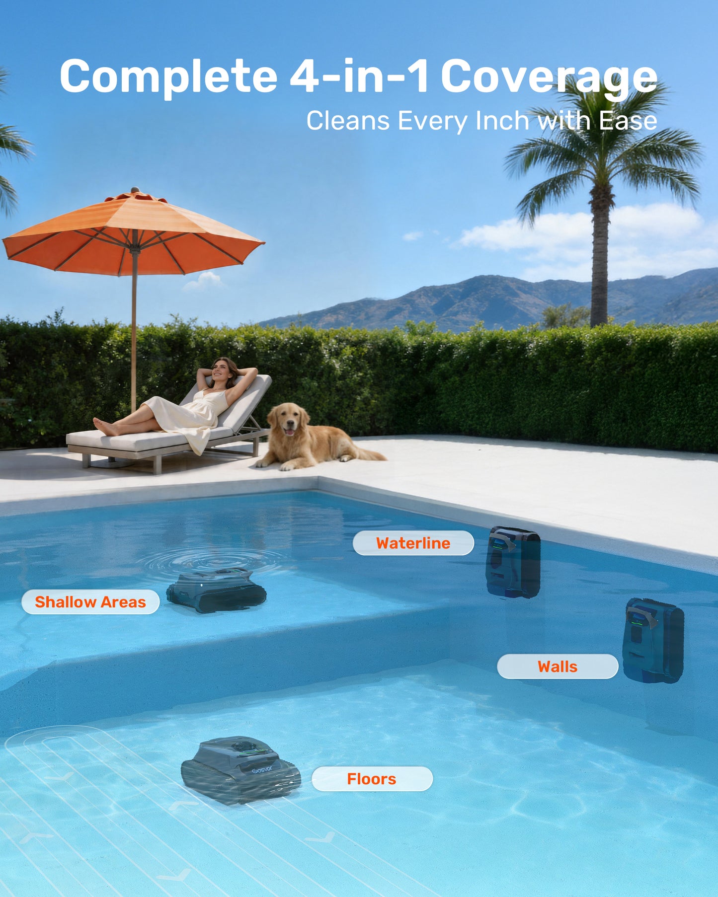 Gosvor LiteVac G1 Pool Vacuum, Wall & Waterline Cleaning, Double Filtration, 150-Min Battery Life for Smart Mode, 200-Min Battery Life for ECO Mode, 15.2 lbs, Smart Navigation, with APP, Gray
