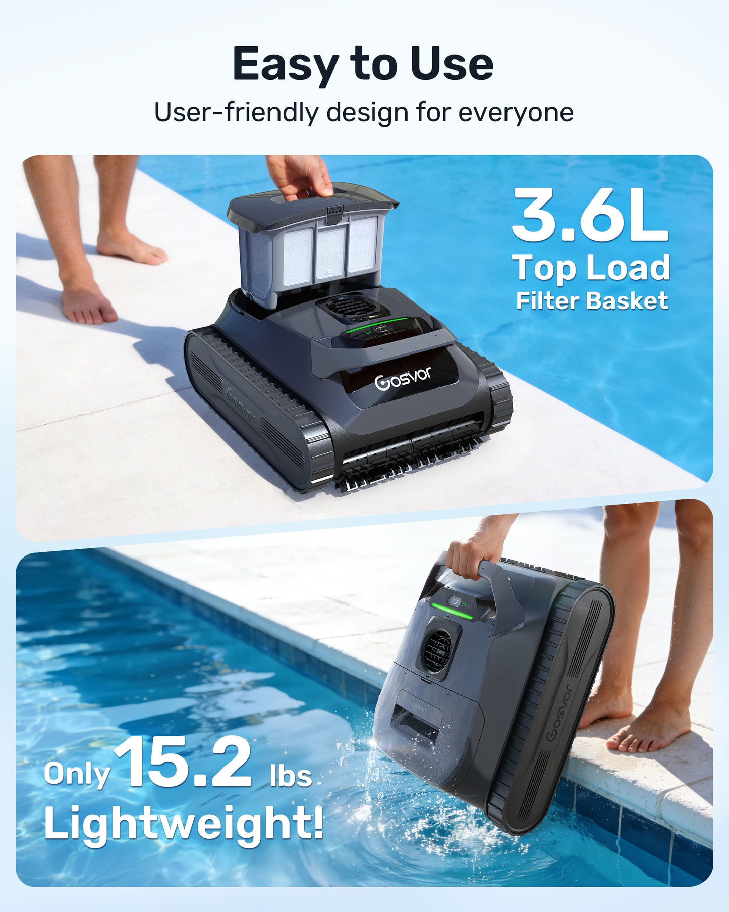 (2026 New) Gosvor Pool Vacuum LiteVac G1, Wall & Waterline & Platform Cleaning, 15.2 lbs Ultra-Lightweight, Up to 200-Min Runtime, Double Filtration, Smart Navigation & App, For Pools up to 2153 sq.ft