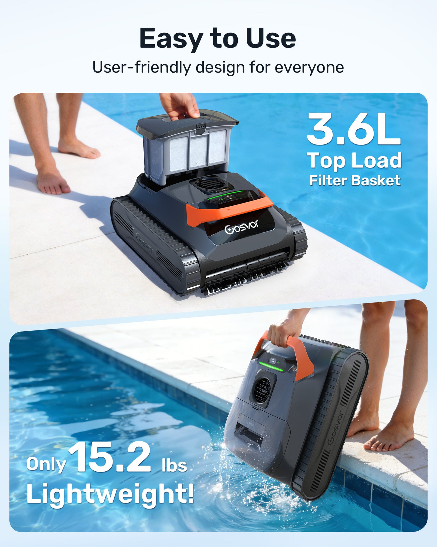 (2026 New) Gosvor Pool Vacuum LiteVac G1, Wall & Waterline & Platform Cleaning, 15.2 lbs Ultra-Lightweight, Up to 200-Min Runtime, Double Filtration, Smart Navigation & App, For Pools up to 2153 sq.ft