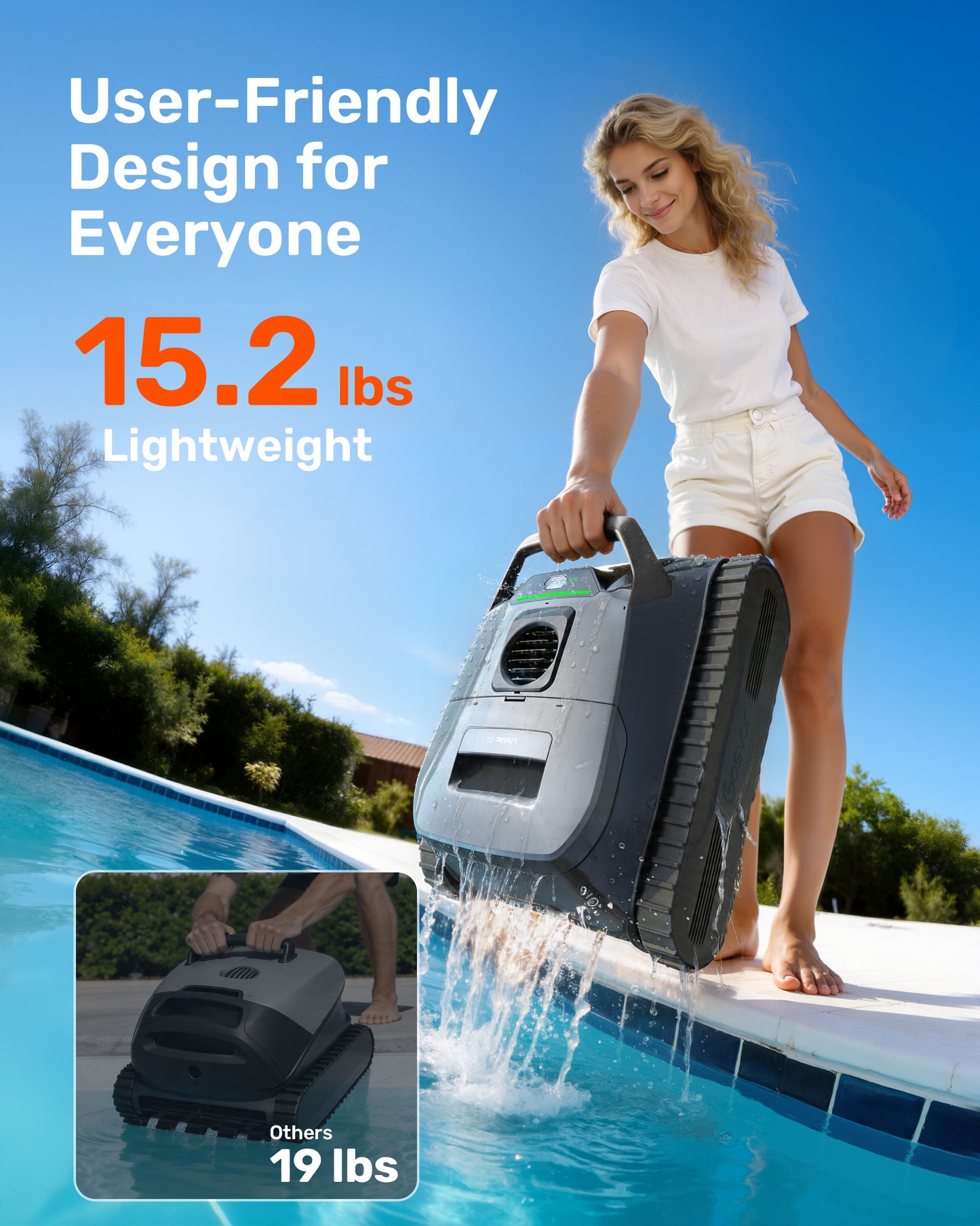 Gosvor LiteVac G1 Pool Vacuum, Wall & Waterline Cleaning, Double Filtration, 150-Min Battery Life for Smart Mode, 200-Min Battery Life for ECO Mode, 15.2 lbs, Smart Navigation, with APP, Gray